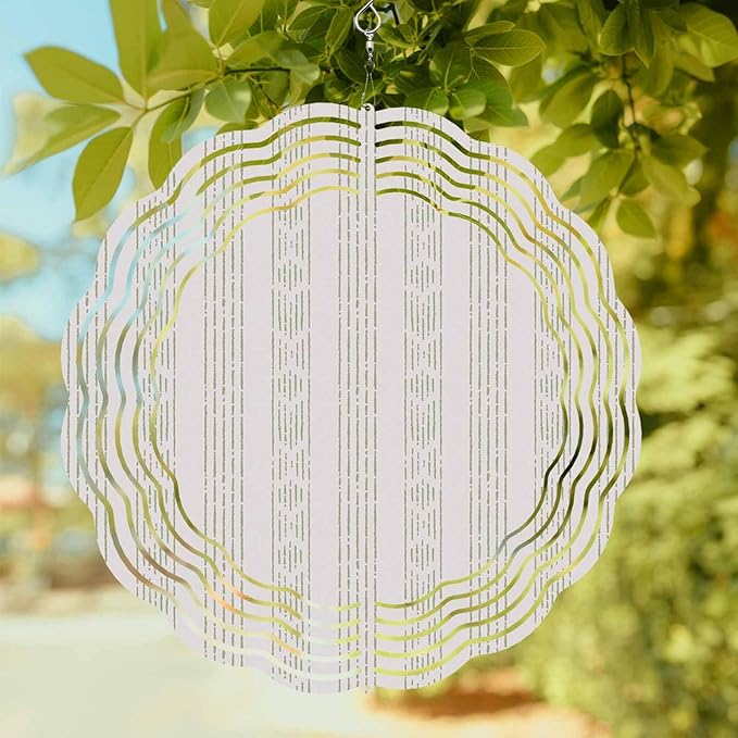 Bohemian Stripes Sage Green Round Wind Spinner 10", 3D Stainless Steel Wind Spinners for Yard and Garden Vintage Geometric Tribe Indoor Outdoor Metal Hanging Craft Ornaments for Porch Lawn
