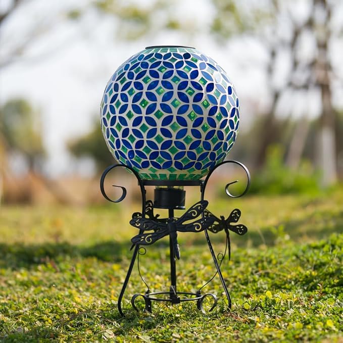 Stargarden Solar Gazing Ball, 10”Glass Gazing Globe, Mosaic Gazing Balls with Metal Ball Stand for Patio, Lawn, Garden Decor(Blue)