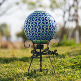 Stargarden Solar Gazing Ball, 10”Glass Gazing Globe, Mosaic Gazing Balls with Metal Ball Stand for Patio, Lawn, Garden Decor(Blue)