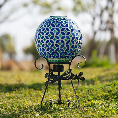 Stargarden Solar Gazing Ball, 10”Glass Gazing Globe, Mosaic Gazing Balls with Metal Ball Stand for Patio, Lawn, Garden Decor(Blue)