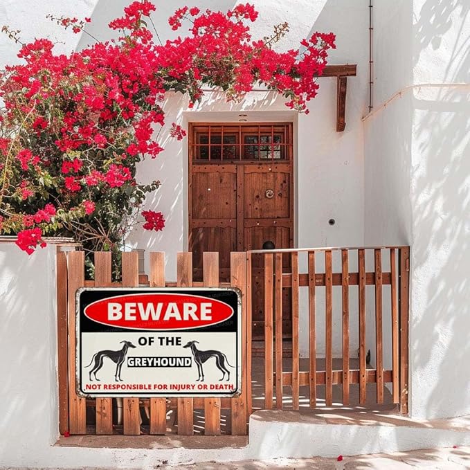 Beware Of The Dog Greyhound Sign Aluminum Metal Tin Signs Outdoor Yard Sign Warning Sign For Fence Yard Home Kitchen Farm Garden Wall Decor 8x12 Inch