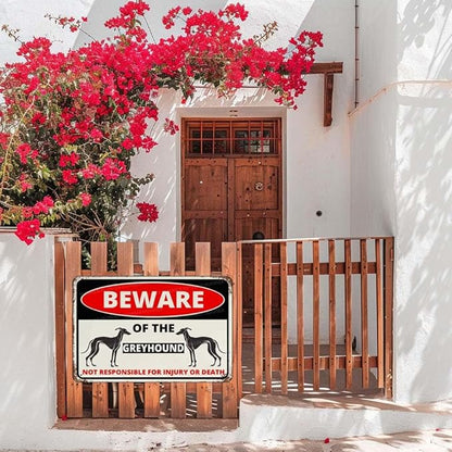 Beware Of The Dog Greyhound Sign Aluminum Metal Tin Signs Outdoor Yard Sign Warning Sign For Fence Yard Home Kitchen Farm Garden Wall Decor 8x12 Inch