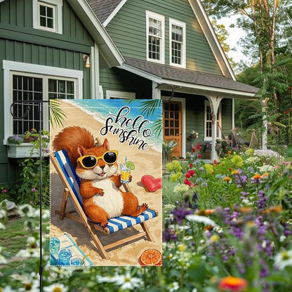 Little Squirrel Garden Flag Summer Garden Flags Beach Wooden Chair Sun Umbrella Enjoy A Holiday Garden Flags 12x18 Inch Double Sided Small Burlap Outside Decorations