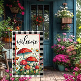 Welcome Mushrooms Garden Flag 12x18 Inch Burlap Double Sided, Buffalo Plaid Flowers Butterfly Colorful Floral Small Home Yard Outdoor Lawn Decor Rustic Farmhouse Flags Decorations