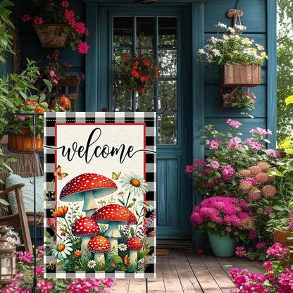 Welcome Mushrooms Garden Flag 12x18 Inch Burlap Double Sided, Buffalo Plaid Flowers Butterfly Colorful Floral Small Home Yard Outdoor Lawn Decor Rustic Farmhouse Flags Decorations