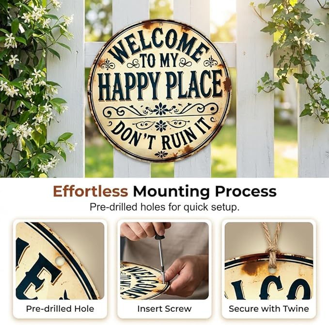 Funny Garden Metal Sign, 2026 New Vintage Round Metal Sign Funny Home Decorative for Patio Porch, “Welcome to My Happy Place Don’t Ruin It” Garden Wall Decor Vintage Statement Metal Sign (Style A, 8X8 inch)