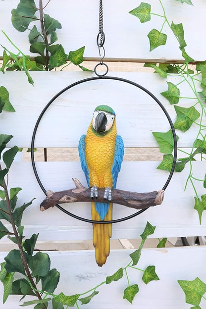 Ebros Patio Home Garden Hanging Scarlet Macaw Parrot Perching on Branch in Metal Round Ring Figurine Sculpture Nature Lovers Tropical Bird Collectors Decor 13.5" H (Blue)