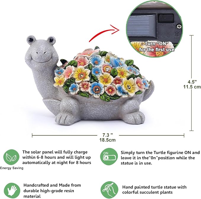 Nacome Solar Turtle Garden Statues: Weatherproof Durable Resin Sculptures with Flowers and Auto LED Lights - Outdoor Lawn Porch Patio Yard Art Decor for Mom Grandma Women