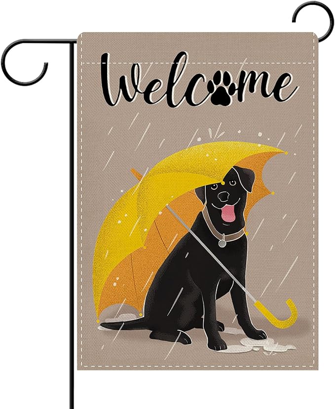 Dyrenson Welcome Black Labrador Dog Decorative Garden Flag, Yellow Umbrella Rainy Yard Outside Home Decoration Pet Lover Gift, Paw Print Seasonal Burlap Outdoor Small Decor Double Sided 12 x 18
