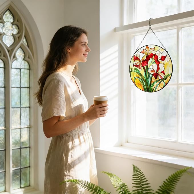 7.87" Stained Glass Window Hanging,Red Gladiolus Flower Sun Catcher for Door Terrace Garden Home Decor,Plants Suncatcher House Warming Gifts New Home