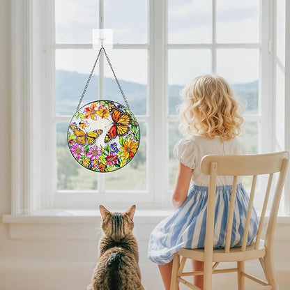 Suncatcher Stained Glass Window Hanging - Butterfly Glass Panel with Metal Chain and Hooks Handmade Sun Catcher Decoration for Window Garden Home Christmas & Birthday Gifts (7.8 Inch)