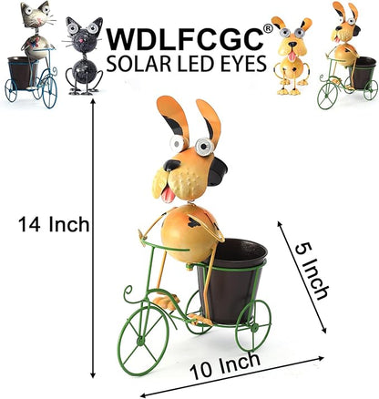 Dog Solar Lights Outdoor Cycling Plant Stand,Yard Art Metal Dog Statues,Outdoor Funny Statue for Garden Decor Yard Lawn Ornaments