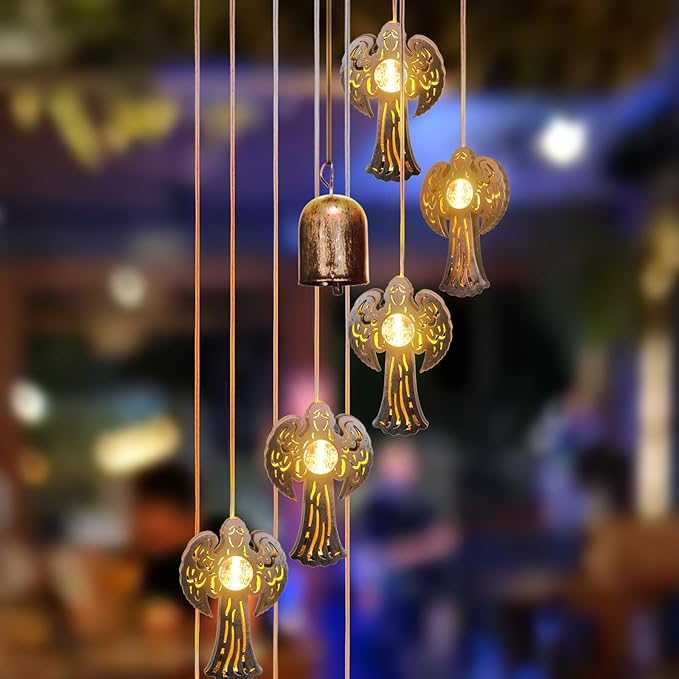 Solar Angel Wind Chimes Outdoor,Solar 8 LED Angel Wind Chimes for Outside,Hanging Lights Warm LED,Outdoor Angel Decor,Angel Gifts for Wife Mother Grandmom Christmas