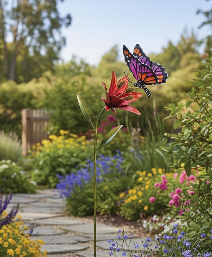 Regal Art & Gift Butterfly Flower Metal Garden Stake - Decorative Handcrafted Outdoor Metal Sculpture for Lawn, Patio & Garden Décor - Pink
