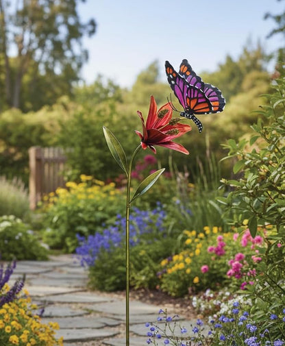 Regal Art & Gift Butterfly Flower Metal Garden Stake - Decorative Handcrafted Outdoor Metal Sculpture for Lawn, Patio & Garden Décor - Pink