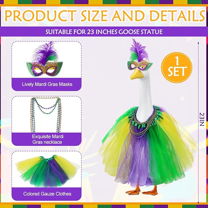 Abbylike 1 Set Mardi Gras Porch Goose Outfits Carnival Porch Yard Goose Clothes and Mask Costume Fits Large 23'' Cement for Garden Yard Statue Pathway Decorations