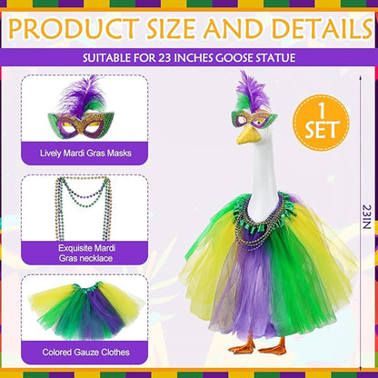 Abbylike 1 Set Mardi Gras Porch Goose Outfits Carnival Porch Yard Goose Clothes and Mask Costume Fits Large 23'' Cement for Garden Yard Statue Pathway Decorations