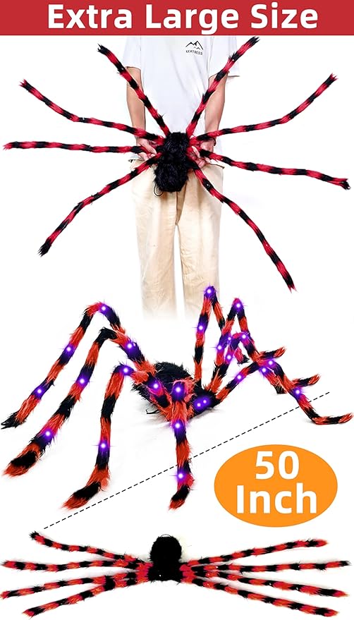 3-in-1 Large Halloween Spider Decorations Set, 50" Huge Spider Hanging with 20" Light Up Spider Egg Totally 36 LEDs Lights Battery Operated Fake Spiders Halloween Decors for Yard Home Party