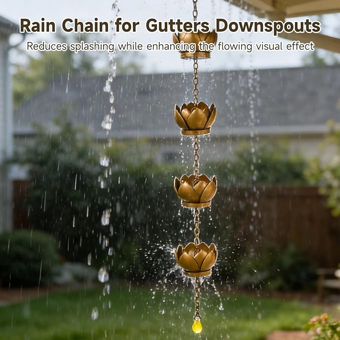 Cup Rain Chain 3.9 Ft, Copper Plated Cups, Yellow Crystal Pendant, Gutter Downspout Replacement