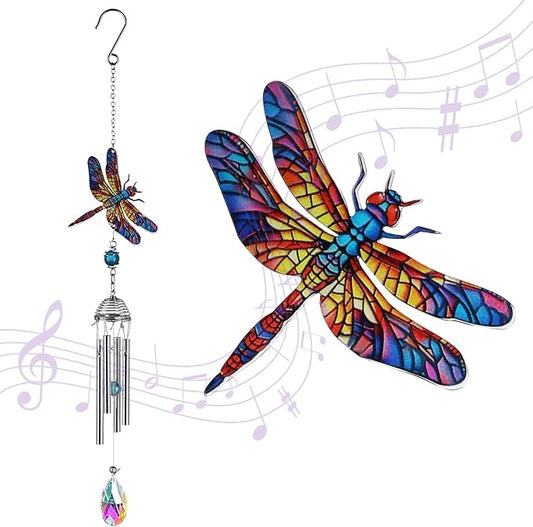 YU FENG 21" Dragonfly Wind Chimes for Outdoor Garden Patio – Colorful Metal with Crystal Suncatcher, Lucky Memorial Gift for Mom Grandma Women