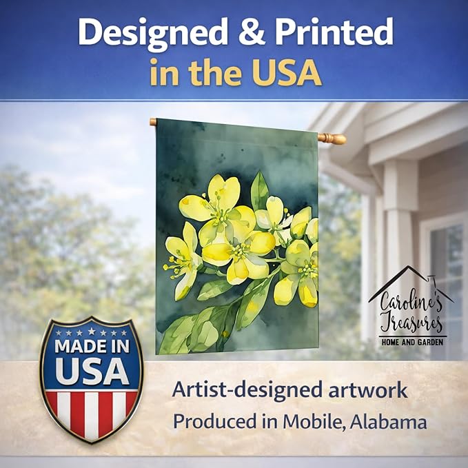 Caroline's Treasures South Carolina Yellow Jessamine in Watercolor House Flag Large Porch Sleeve Pole Decorative Outside Yard Banner Artwork Wall Hanging, Polyester, House Size, Multicolor