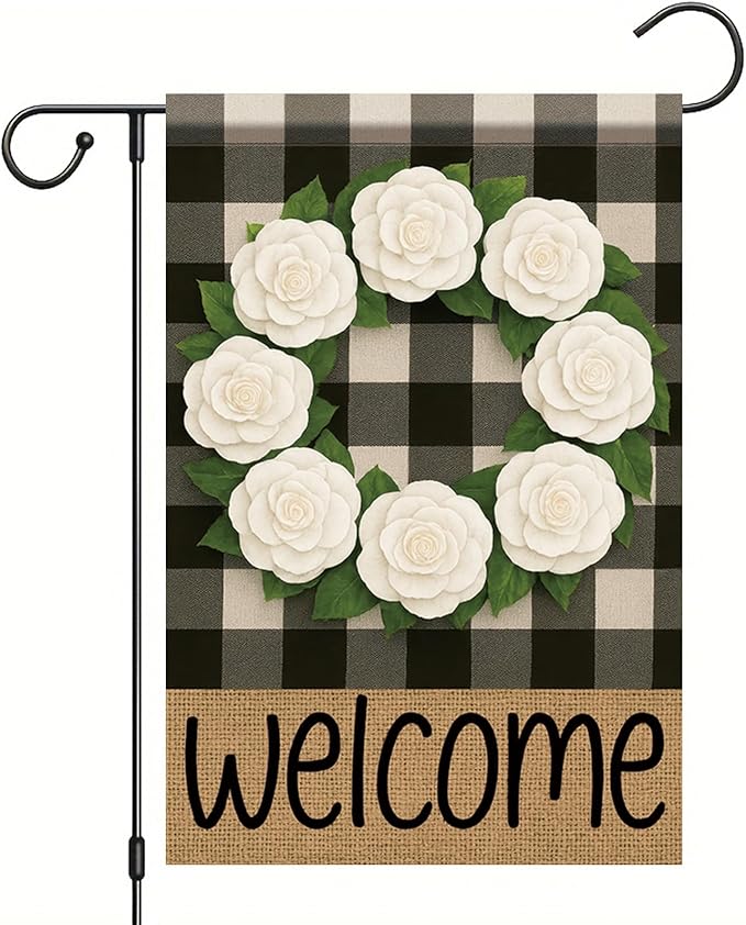 Buffalo Plaid Welcome Wreath Garden Flag White Camellia Flower Flag 12x 18 Inch Double Sided Spring Outdoor Fall Autumn Farmhouse Outdoor Small Decor for Porch Lawn Patio Yard