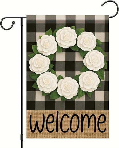 Buffalo Plaid Welcome Wreath Garden Flag White Camellia Flower Flag 12x 18 Inch Double Sided Spring Outdoor Fall Autumn Farmhouse Outdoor Small Decor for Porch Lawn Patio Yard