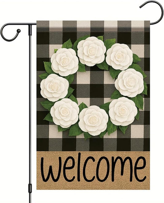 Buffalo Plaid Welcome Wreath Garden Flag White Camellia Flower Flag 12x 18 Inch Double Sided Spring Outdoor Fall Autumn Farmhouse Outdoor Small Decor for Porch Lawn Patio Yard