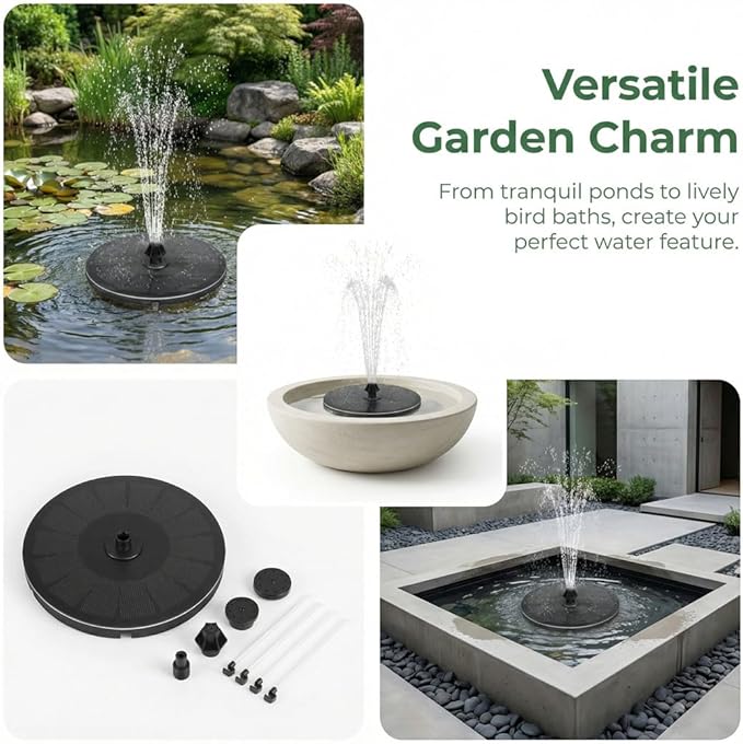 Compact Solar Bird Fountain Pump – Keep Your Garden Alive, Solar Fountain Pump for Bird Bath with 7 Spray Nozzles, Floating Fountain for Birds Bath Small Pond Garden Aquarium (7piece Nozzle Set)