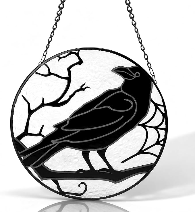 Raven Gothic Stained Glass Window Suncatcher Black Crow Sun Catcher Hanging Decor for Home, Garden, Patio & Halloween Real Hand-Painted Glass Ornament Ready to Hang Gift