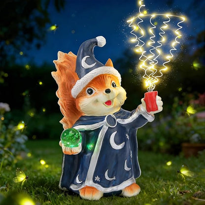 HUYIENO Solar Garden Statue 9.7" Outdoor Decor with LED Firefly String Lights, Waterproof Solar Powered Figurine for Patio, Yard, Lawn, Porch, Halloween, Housewarming Mom & Birthday Gift Squirrel