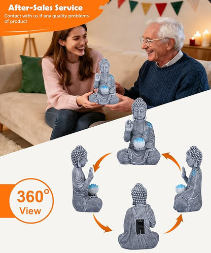 Nacome Solar Buddha Garden Statues with Lotus Flower: Resin Zen Decor Waterproof Sculpture Outdoor Light Design for Outside Patio Lawn Yard Balcony - 10.6 inches(Grey)