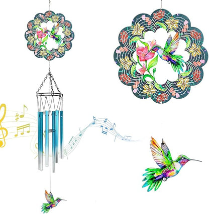 Hummingbird Wind Chimes for Outside, 3D Wind Chimes with Wind Spinner, Outdoors Hanging Decor for Garden, Patio and Balcony, Gifts for Men, Women, Mom, Lovers
