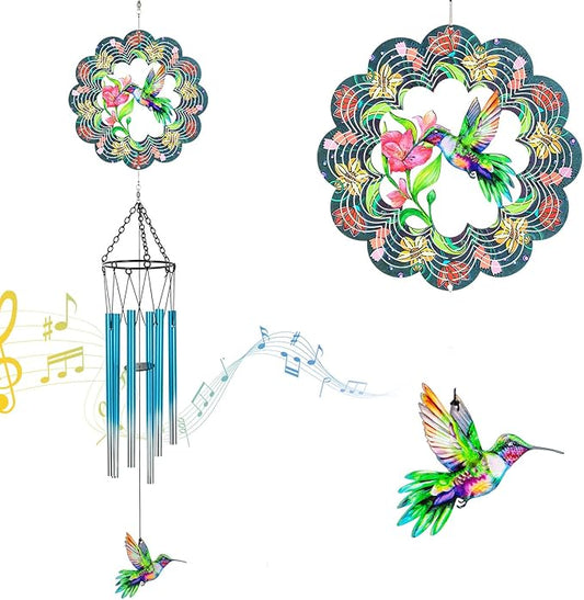 Hummingbird Wind Chimes for Outside, 3D Wind Chimes with Wind Spinner, Outdoors Hanging Decor for Garden, Patio and Balcony, Gifts for Men, Women, Mom, Lovers