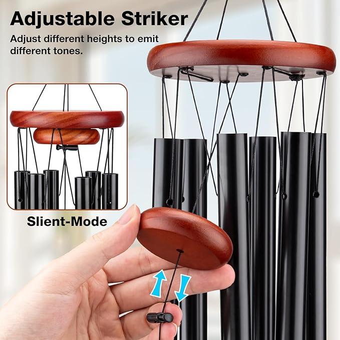 32" Wind Chimes for Outside with Heart Photo Holder, Aluminium Sympathy Wind Chimes Suitable for Outdoor, Garden, Patio Decoration, Sympathy Chime for Loss of Loved One, Friend, Pet Memorial - Black