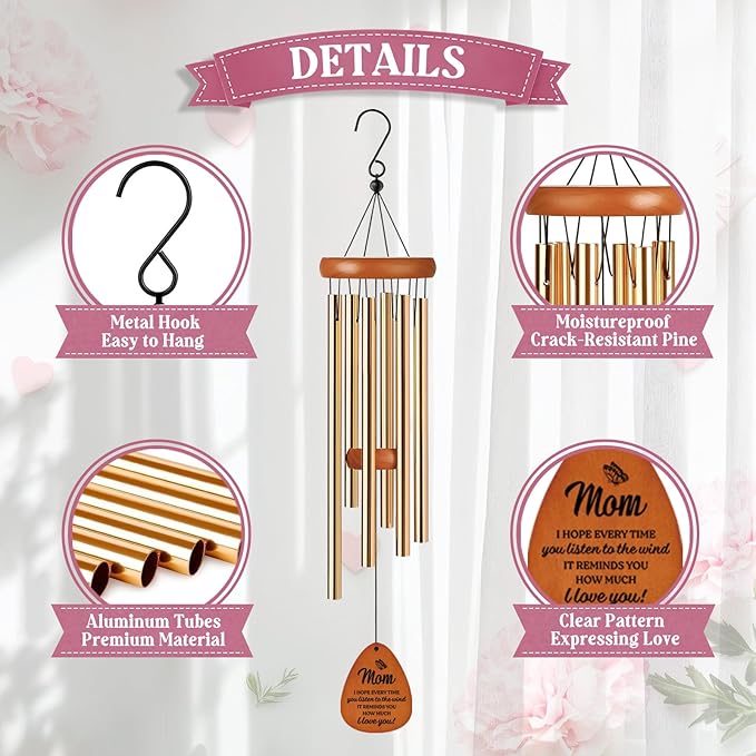 Birthday Gifts for Mom from Daughter, for Mum Stepmom, Wind Chimes for Mother, Best Mom Gifts from Son, Sentimental Gift for Mothers Day, Cute Wind Chime Garden Decor