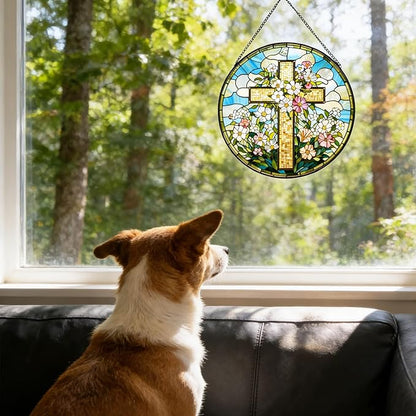 Cross Flower Suncatcher Stained Glass Window Hanging, Christian Wildflower Sunset Landscape Sun Catchers Indoor Window Glass Round Wall Decor, Religious Wall Art Hanging Decorations Statues