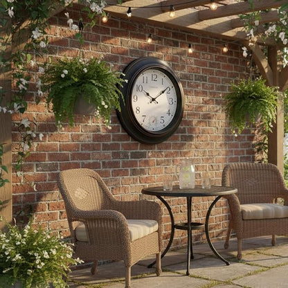 Crosstime Large Outdoor Clock Waterproof 18" - Retro Indoor Outdoor Wall Clocks with Thermometer for Patio Pool Garden Living Room Decor,Bronze