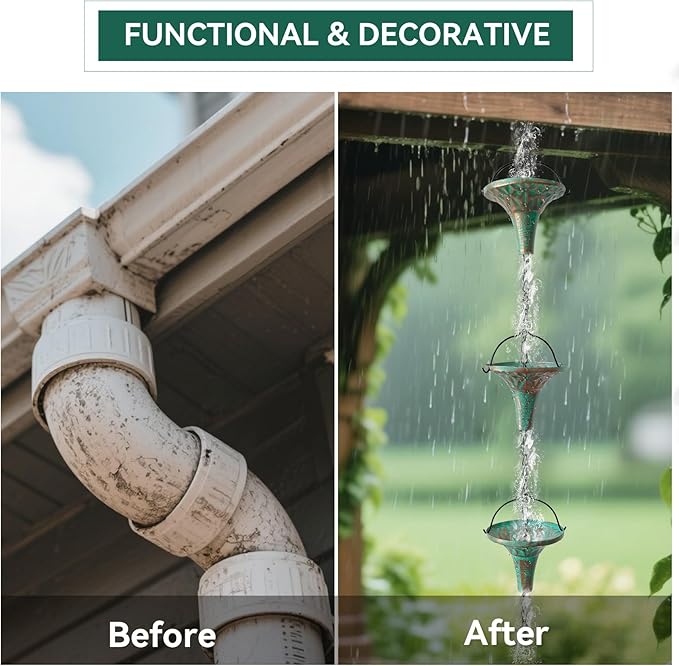 Bronze Funnel Rain Chain 8.6 FT, Decorative Metal Rain Catcher with 12 Cups, Gutter Downspout Replacement