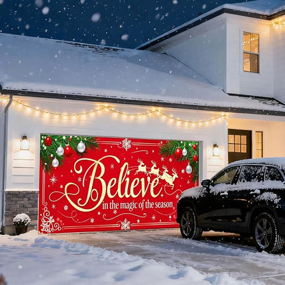 IVN Merry Christmas Happy New Year Believe Garage Door Banner 13x6 ft Christmas Garage Door Cover Wnter Scene Background Indoor Outdoor Red Snowflake Reindeer Holiday Decorations for Home and Events Wall Backdrop Decor