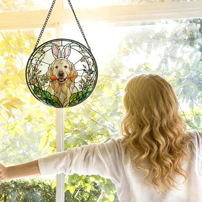 Easter Carrot Golden Retriever Stained Glass Window Hanging, Spring Flower Bunny Ear Dog Suncatcher Indoor Window Glass Round Wall Art Decor, 7.9x7.9 Inch