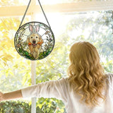 Easter Carrot Golden Retriever Stained Glass Window Hanging, Spring Flower Bunny Ear Dog Suncatcher Indoor Window Glass Round Wall Art Decor, 7.9x7.9 Inch