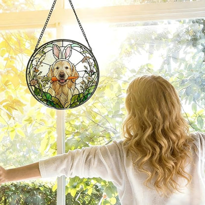 Easter Carrot Golden Retriever Stained Glass Window Hanging, Spring Flower Bunny Ear Dog Suncatcher Indoor Window Glass Round Wall Art Decor, 7.9x7.9 Inch