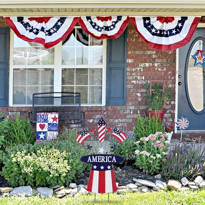 hogardeck 4th of July Decorations Outdoor, 31" Metal Patriotic Hat with Flag Star Rocket Decorative Garden Stakes for Fourth of July Decorations, Memorial Day Yard Signs for Garden Lawn Porch Decor