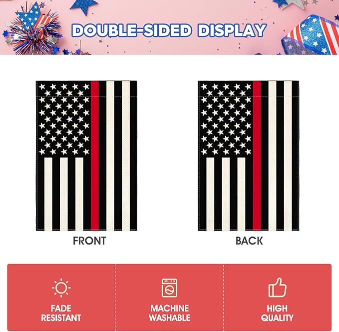 AVOIN colorlife Thin Red Line Firefighters and Fire Services Garden Flag 12x18 Inch Double Sided Outside, American Stars and Stripes Patriotic Yard Outdoor Decoration