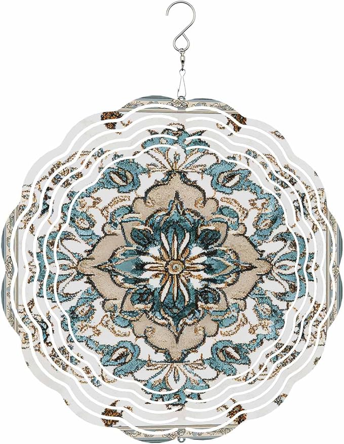 Boho Wind Spinner 12 Inch Retro Blue Floral Vintage Flower Wind Spinners Outdoor 3D Stainless Steel Hanging Sculpture Decorations Gift for Garden Yard Porch Balcony