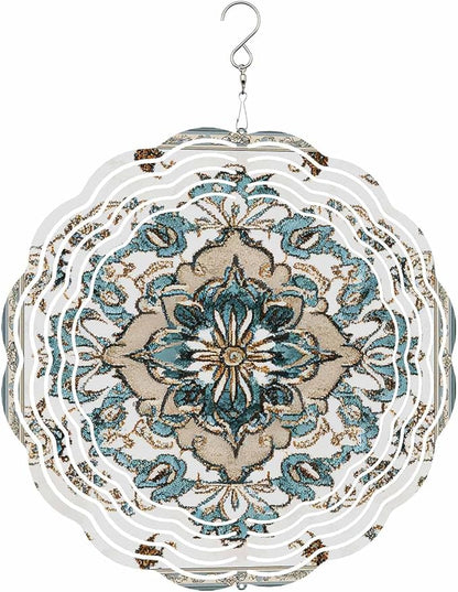 Boho Wind Spinner 8 Inch Retro Blue Floral Vintage Flower Wind Spinners Outdoor 3D Stainless Steel Hanging Sculpture Decorations Gift for Garden Yard Porch Balcony