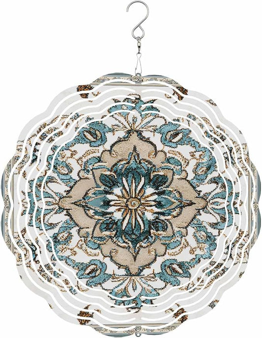 Boho Wind Spinner 10 Inch Retro Blue Floral Vintage Flower Wind Spinners Outdoor 3D Stainless Steel Hanging Sculpture Decorations Gift for Garden Yard Porch Balcony
