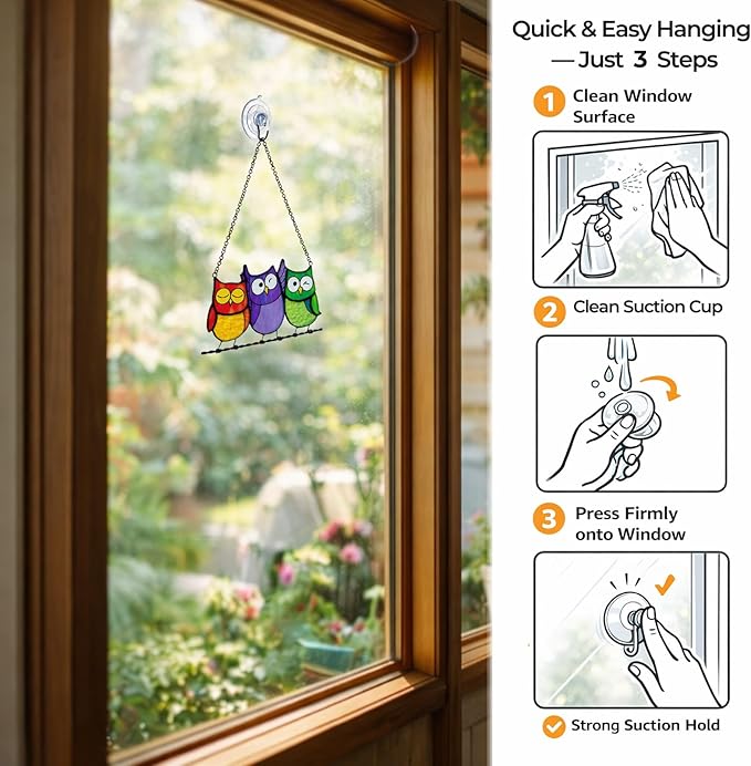Owls Stained Glass Suncatcher, Handmade Colorful Window Hanging Sun Catcher Ornament for Home & Garden, Gift for Bird Lovers Mothers & Women