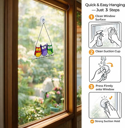 Owls Stained Glass Suncatcher, Handmade Colorful Window Hanging Sun Catcher Ornament for Home & Garden, Gift for Bird Lovers Mothers & Women